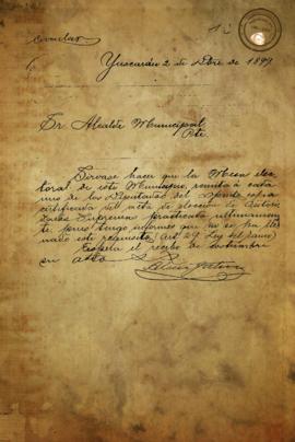 Carta sobre envío de certificado de la elección de autoridades. 1899