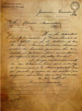 Carta del gobernador para informar que toma licencia y deja al administrador de rentas temporalmente en el cargo 1894