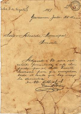 Sobre el envío de una solicitud de Vicente Quiñones (1887)