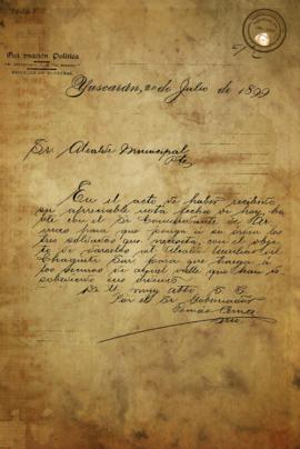 Carta sobre la solicitud de 3 soldados al Comandante de Armas. 1899