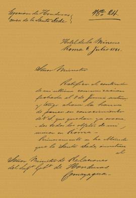 Carta del Ministro Gutiérrez al Ministro de Relaciones Exteriores de Honduras para informar asuntos varios 1861